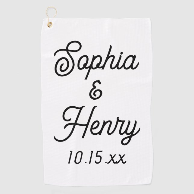 Elegant Modern Typography Script Wedding Favour Golf Towel (Front)