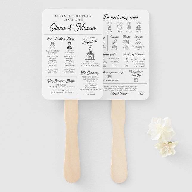 Elegant Modern Unique Infographic Wedding Program Hand Fan (Front and Back)