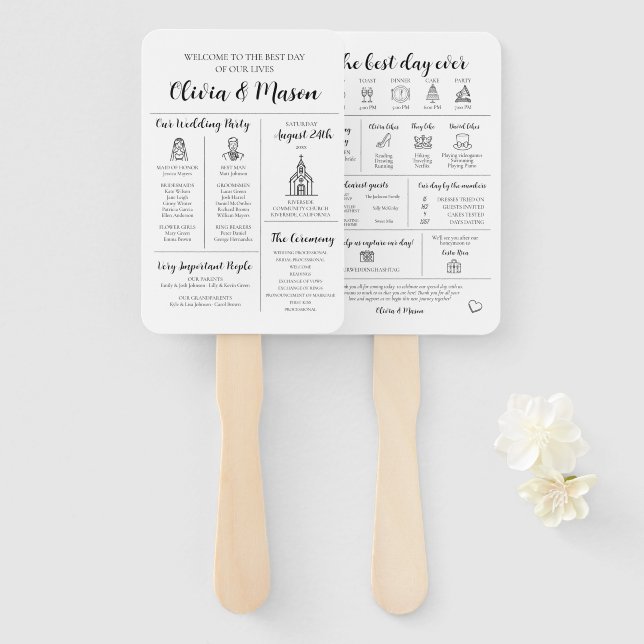 Elegant Modern Unique Infographic Wedding Program Hand Fan (Front and Back)