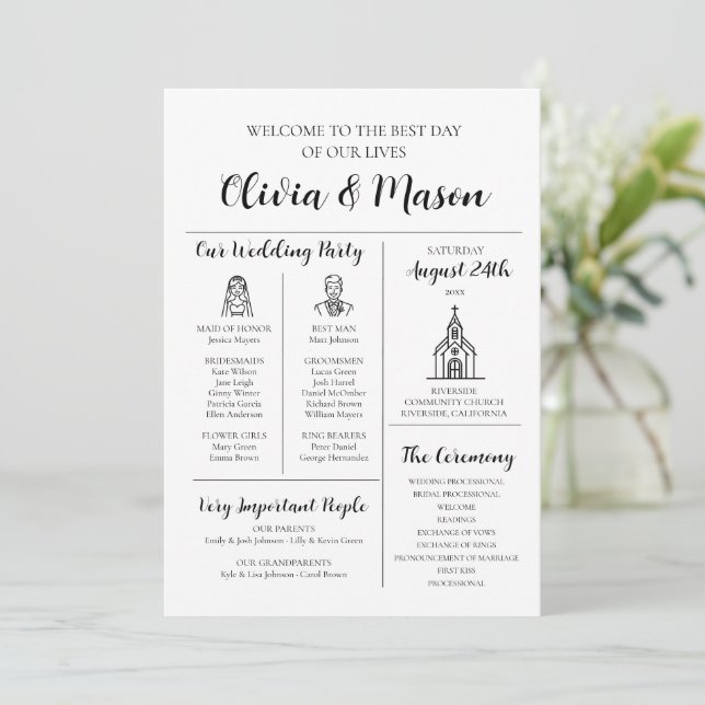 Elegant Modern Unique Infographic Wedding Program Invitation (Standing Front)