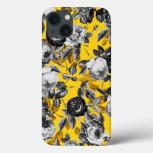 Elegant Modern Vintage Black White Roses Yellow iPhone 13 Case
