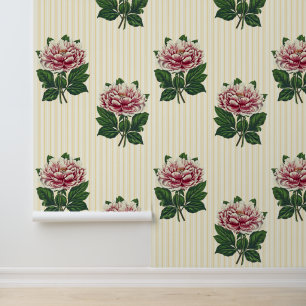 Elegant Modern Vintage Pink Peony Stripes Wallpaper