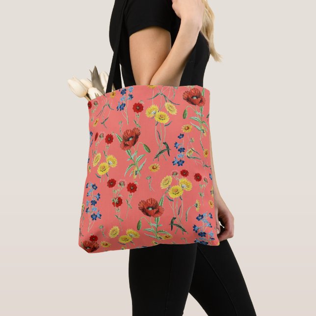 Elegant Modern Vintage Wildflowers Coral Pink Tote Bag (Close Up)