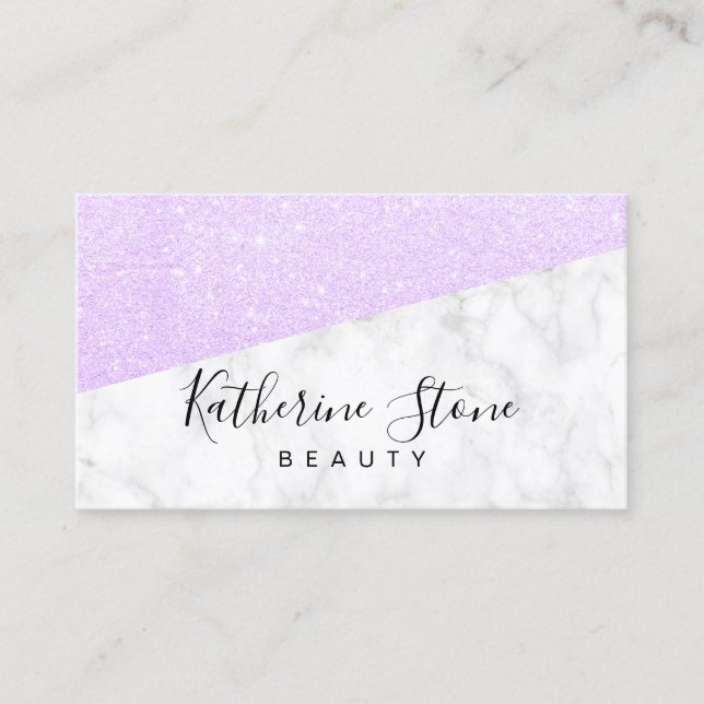 Elegant modern violet glitter & white marble business card (Front)