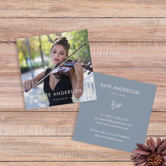 Elegant Modern Violinist Musician Photo Square Business Card (Creator Uploaded)