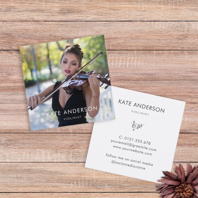 Elegant Modern Violinist Musician Photo Square Business Card (Creator Uploaded)