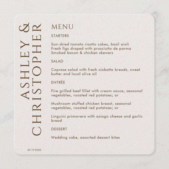Elegant Modern Walnut Brown Wedding Menu (Front)
