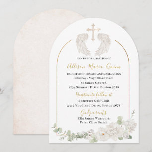 Elegant Modern Watercolor Beige Angel Baptism Invi Invitation