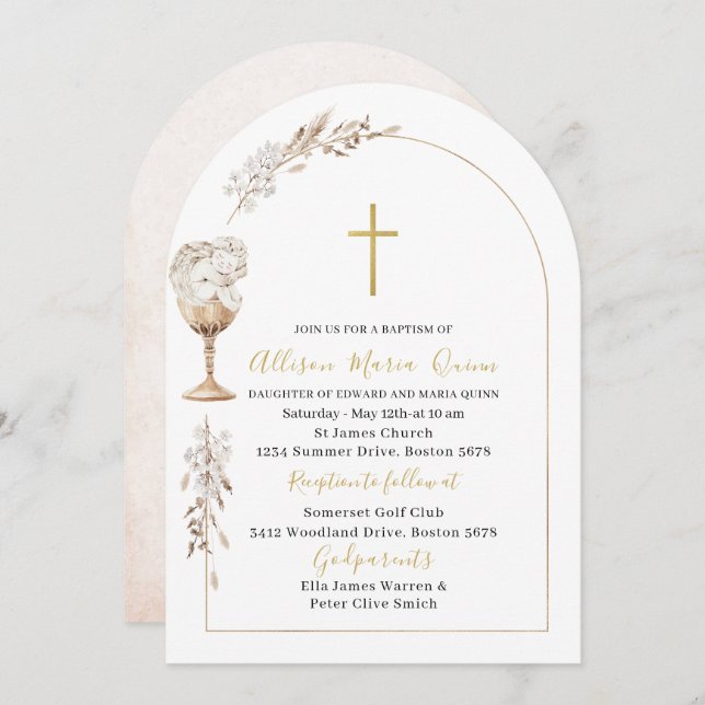 Elegant Modern Watercolor Beige Angel Baptism Invitation (Front/Back)