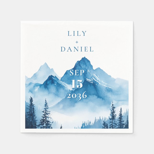 Elegant Modern Watercolor Blue Mountains Wedding Napkin (Front)