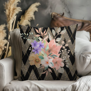Elegant Modern Watercolor Bouquet Chevron Black Cushion