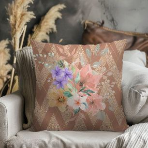 Elegant Modern Watercolor Bouquet Chevron Cushion