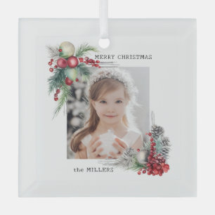 Elegant Modern Watercolor Christmas Floral Photo Glass Tree Decoration