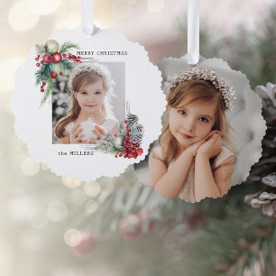 Elegant Modern Watercolor Christmas Floral Photo Tree Decoration Card