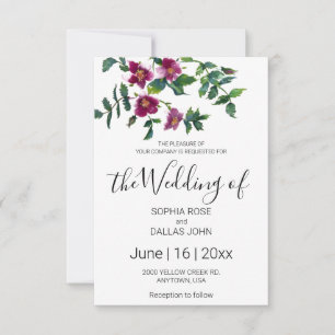 Elegant modern watercolor dark pink wildflowers invitation