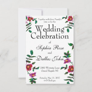 Elegant modern watercolor dark pink wildflowers invitation