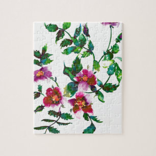 Elegant modern watercolor dark pink wildflowers jigsaw puzzle