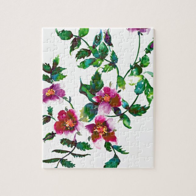 Elegant modern watercolor dark pink wildflowers jigsaw puzzle (Vertical)