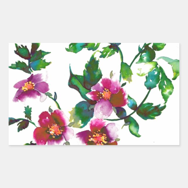 Elegant modern watercolor dark pink wildflowers rectangular sticker (Front)