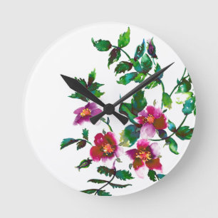 Elegant modern watercolor dark pink wildflowers round clock