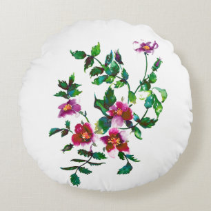 Elegant modern watercolor dark pink wildflowers round cushion