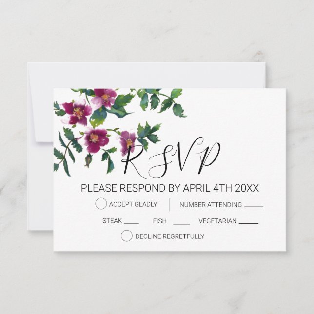 Elegant modern watercolor dark pink wildflowers RSVP card (Front)