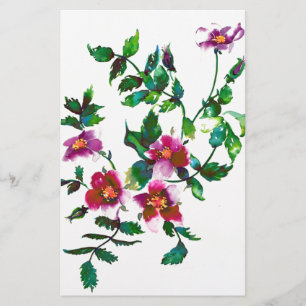 Elegant modern watercolor dark pink wildflowers stationery