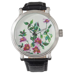 Elegant modern watercolor dark pink wildflowers watch