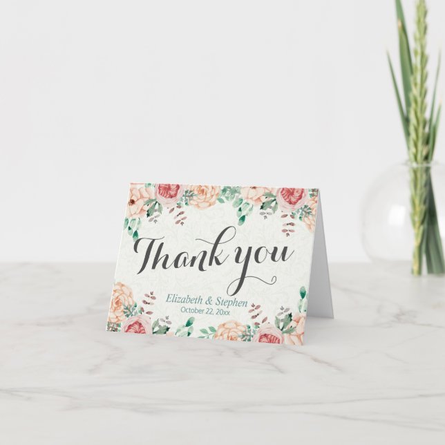 Elegant Modern Watercolor Floral Wedding Thank You Card (Front)