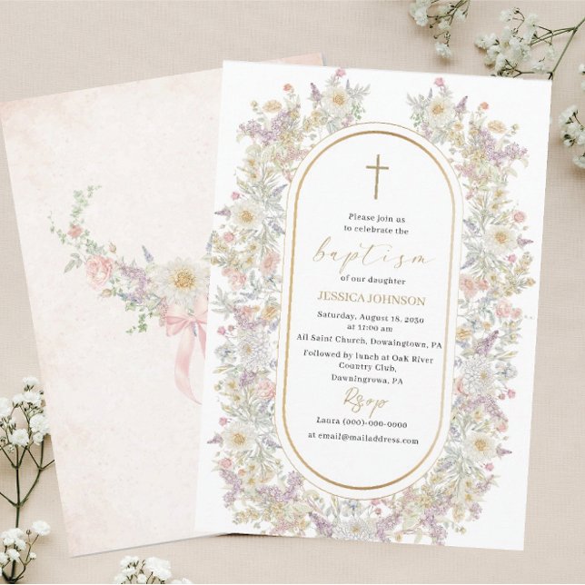 Elegant Modern Watercolor Flowers Baptism Invitation (Creator Uploaded)