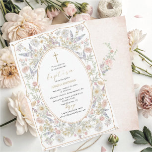 Elegant Modern Watercolor Flowers Baptism Invitation