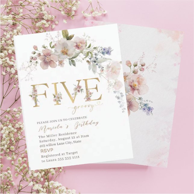 Elegant Modern Watercolor Flowers five birthday Ba Invitation (Creator Uploaded)