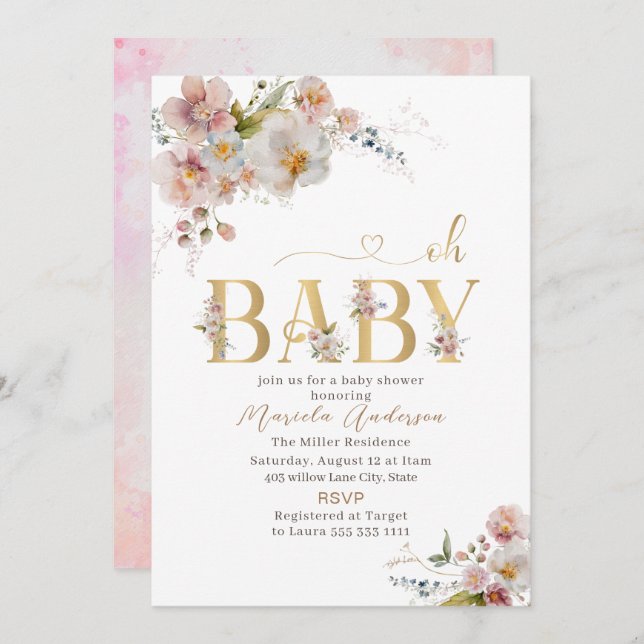 Elegant Modern Watercolor Flowers Oh Baby Baby Sho Invitation (Front/Back)