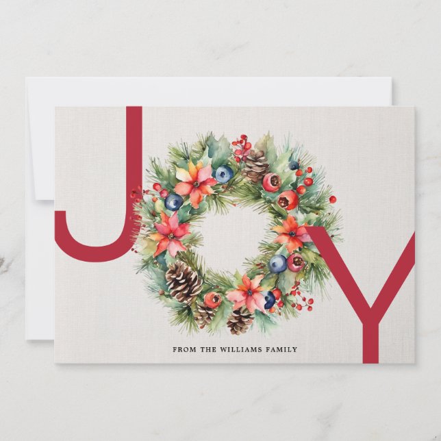 Elegant Modern Watercolor Joy Wreath Christmas Holiday Card (Front)