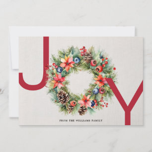 Elegant Modern Watercolor Joy Wreath Christmas Holiday Card