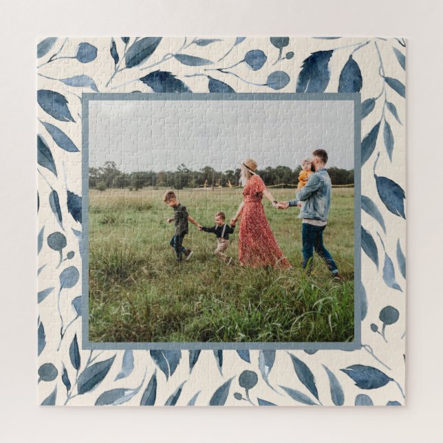 Elegant Modern Watercolor Leaves Blue Custom Photo Jigsaw Puzzle (Vertical)
