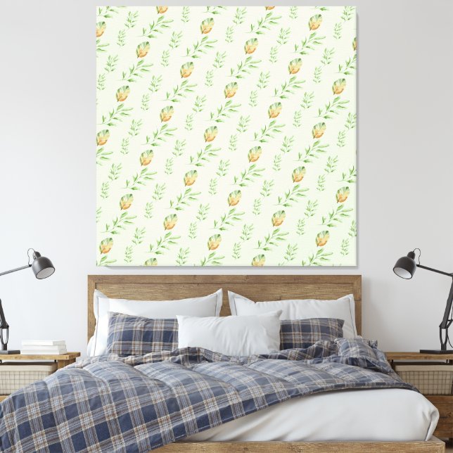Elegant Modern Watercolor Leaves Pattern GREEN  Canvas Print (Insitu(Bedroom))
