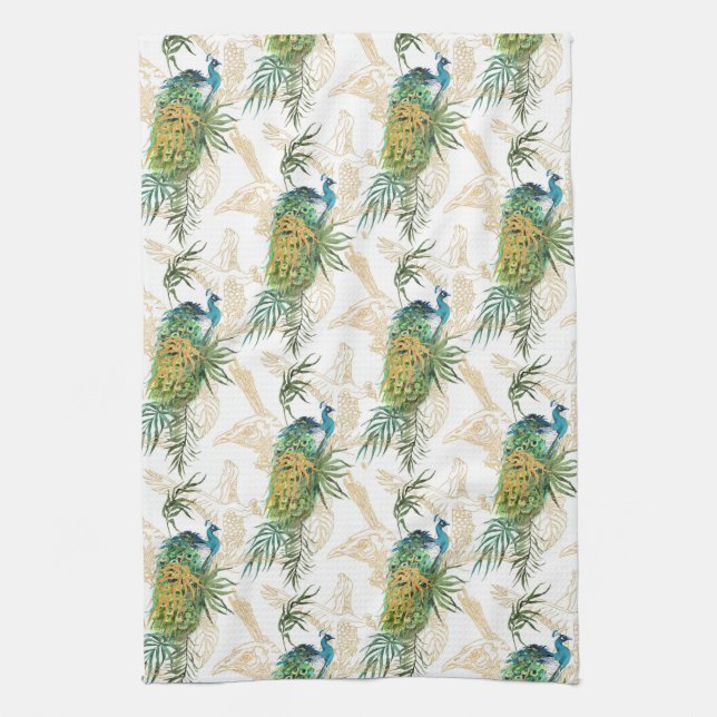 Elegant Modern Watercolor Peacock Floral Pattern Tea Towel (Vertical)