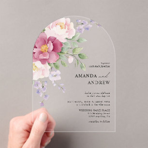 Elegant Modern Watercolor Peonies Wedding Acrylic Invitations
