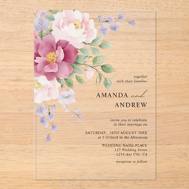  Elegant Modern Watercolor Peonies Wedding Acrylic Invitations (Front)
