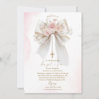 Elegant Modern Watercolor Pink Bow Baptism Cross Invitation