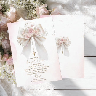 Elegant Modern Watercolor Pink Bow Baptism Cross Invitation