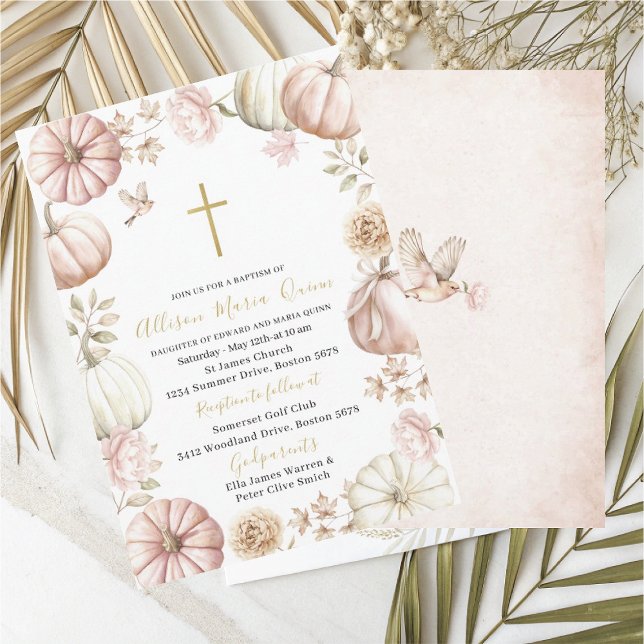 Elegant Modern Watercolor Pink Floral Pumpkin Bapt Invitation (Creator Uploaded)