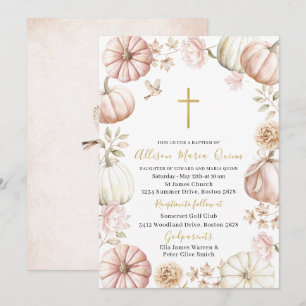 Elegant Modern Watercolor Pink Floral Pumpkin Bapt Invitation