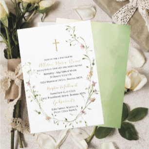 Elegant Modern Watercolor Wildflowers Baptism Invitation