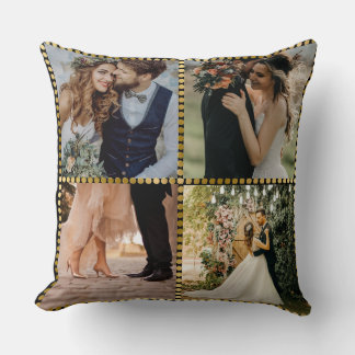 Elegant Modern Wedding 4 Photo golden frame Cushion