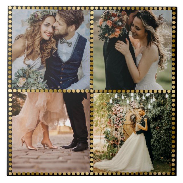 Elegant Modern Wedding 4 Photo golden frame  Tile (Front)