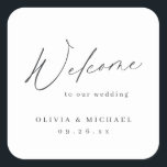 Elegant modern welcome minimalist wedding square sticker<br><div class="desc">Modern welcome script minimalist design in charcoal black and white,  simple and elegant. great personalised wedding favour stickers.</div>
