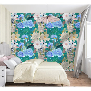 Elegant Modern Whimsical Floral Stripes Dark Teal Wallpaper