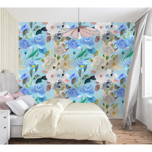 Elegant Modern Whimsical Floral Stripes Light Blue Wallpaper
